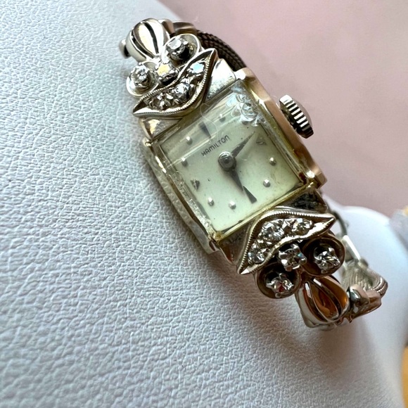ANTIQUE VINTAGE LADIES 14K WHITE GOLD HAMILTON DIAMOND WRIST WATCH WORKING CONDT - Picture 4 of 16